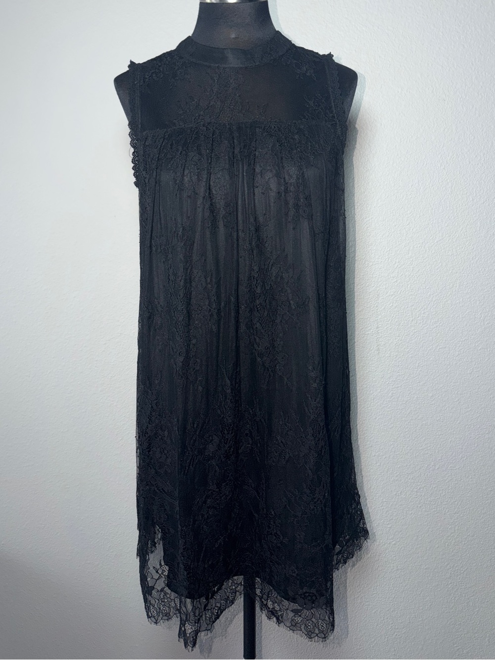 Women’s Black Lace Babydoll Mini Dress Mock Neck Sleeveless Sheer Overlay Boho